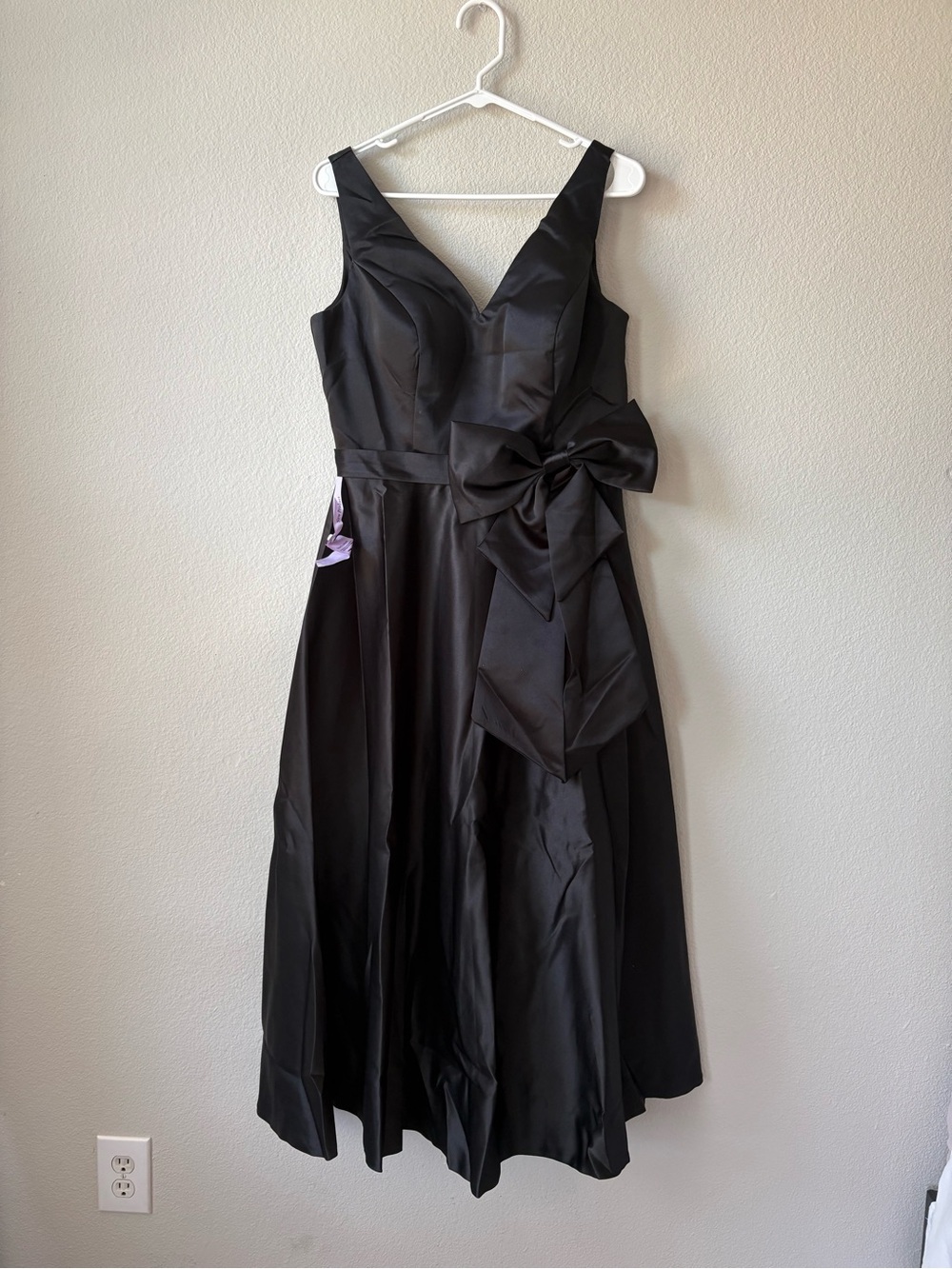Black Satin Midi Dress with Side Bow